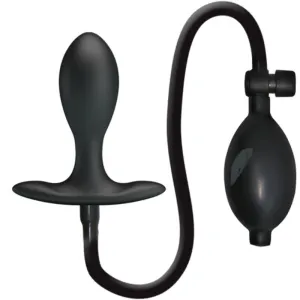 Schwarzer aufblasbarer Analplug mit Pumpe und Schlauch.
