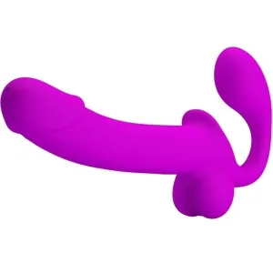 Lila Doppeldildo mit gebogenem Ende und strukturiertem Design.