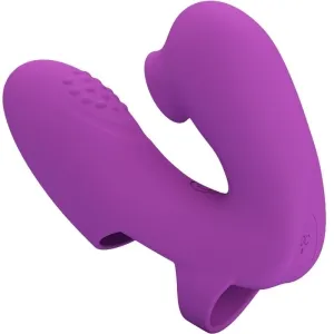 Lila, ergonomisch geformtes Sexspielzeug mit zwei Armen und strukturierten Oberflächen.