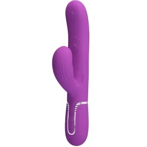 Lila Vibrator mit zwei Armen und strukturierten Oberflächen, silberne Akzente und Bedienelemente am Griff.