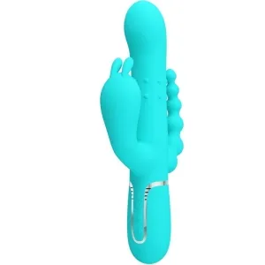 Türkiser Vibrator mit zwei Armen und strukturiertem Schaft, seitliche Bedienelemente.