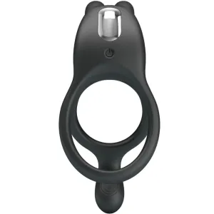 Black silicone ring with integrated vibrator and on/off switch, top view.