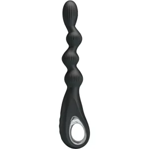 Schwarzes, geripptes Silikon-Sextoy mit ergonomischem Griff und mehreren Kugeln.