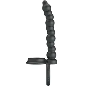 Black, spiral-shaped silicone toy with ring handle, shown from the side on a white background.