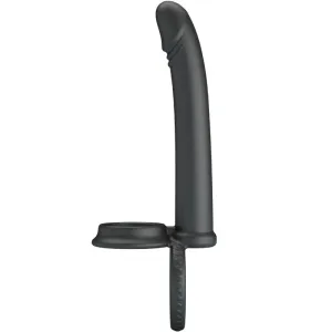 Schwarzes Silikon-Sextoy mit gebogenem Schaft und zwei Ringen, seitliche Ansicht.