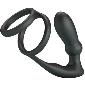 Black silicone cock ring with two rings and a curved stimulation arm.