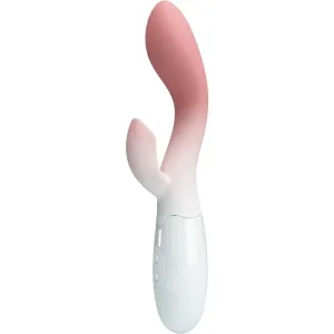 Rosa-weißer Vibrator mit zwei Armen und Bedientasten am Griff.