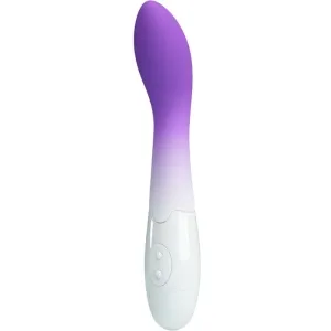 Lila-weißer Vibrator mit geschwungener Form und zwei Knöpfen am Griff.