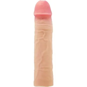 Ein hautfarbener, realistisch gestalteter Dildo mit sichtbaren Adern und einer rosafarbenen Spitze.