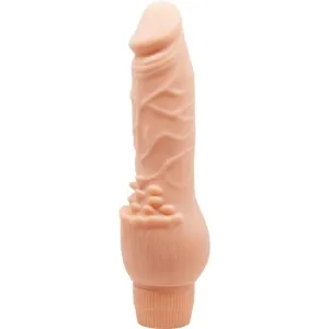 Beigefarbener Vibrator mit strukturierter Oberfläche und geriffeltem Griff.