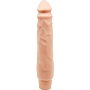 Beigefarbener, zylindrischer Vibrator mit strukturierter Oberfläche und abgerundeter Spitze.