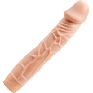 Beige Dildo mit strukturierter Oberfläche und abgerundeter Spitze.
