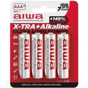 Viererpack Aiwa AAA Alkaline-Batterien, 1,5V, mit langer Lebensdauer, geeignet für Geräte mit hohem Energieverbrauch.