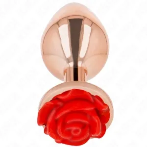 Copper-colored plug with red rose decoration at the end, on a white background.