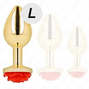 Golden plug with red rose, size L, in front of two transparent versions.