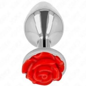 Silver plug with red rose decoration at the end, on a white background.