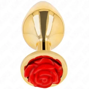 Golden plug with red rose decoration at the end, on a white background.