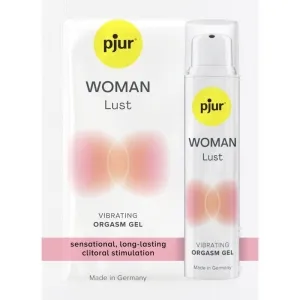 Pjur Woman Lust Vibrating Orgasm Gel, Verpackung und Flasche, für langanhaltende klitorale Stimulation, Made in Germany.