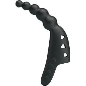 Black, curved silicone toy with heart-shaped cutouts and a pearl texture at the end.