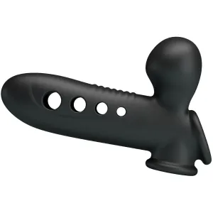 Schwarzes, ergonomisch geformtes Silikonspielzeug mit mehreren runden Öffnungen und einer abgerundeten Spitze.