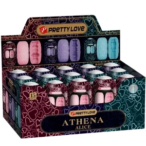 Packaging containing 15 Pretty Love Athena Alice products, various textures and colors, heart pattern on the box.