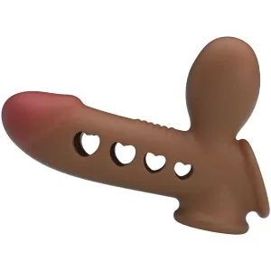 Braunes Hundespielzeug in Knochenform mit herzförmigen Aussparungen und einem runden Griff.