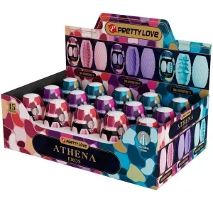 Colorful packaging containing 15 Pretty Love Athena Eros products in a display box.