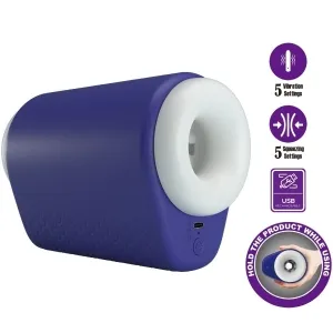 Blaues, zylindrisches Gerät mit weißer Öffnung, 5 Vibrations- und Druckeinstellungen, USB-Anschluss, Handhabungshinweis.