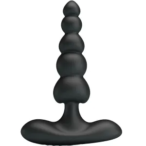 Schwarzer, gestufter Analplug mit mehreren Kugeln und breitem Sockel.