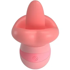 Rosa, pilzförmiges Gerät mit glatter Oberfläche und einem Einschaltknopf an der Basis.