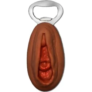 Bottle opener with a handle in the shape of a stylized vulva.
