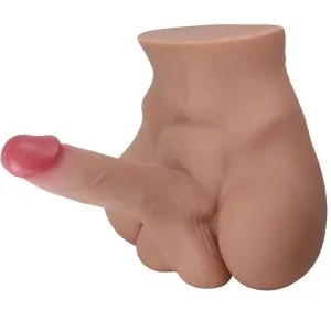 Ein Silikonmodell eines männlichen Unterkörpers mit Penis und Hoden, auf weißem Hintergrund.