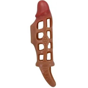 Braunes, gitterartiges Hundespielzeug in Form eines Eishörnchens mit roter Spitze.