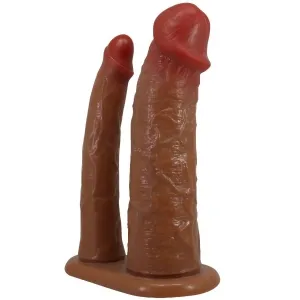 Zwei realistisch geformte, braune Dildos unterschiedlicher Größe auf einer gemeinsamen Basis.