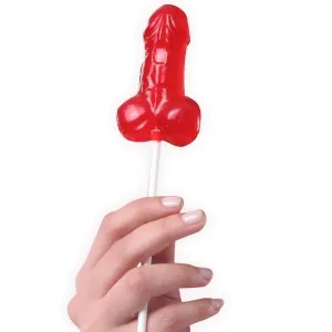Hand hält roten Lutscher in Form eines Penis.