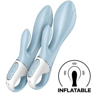 Zwei blaue, aufblasbare Vibratoren mit weißen Griffen und Bedienelementen, daneben ein Symbol mit der Aufschrift 