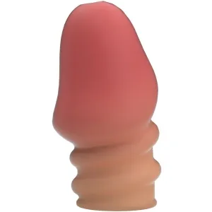 Rosa und beige geformtes Objekt mit glatter, gewellter Oberfläche, das an einen Daumen erinnert.