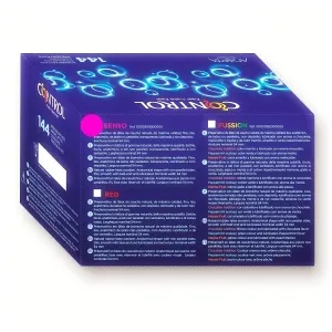 Purple packaging of Control condoms, 144 pieces, with different variety descriptions on the back.