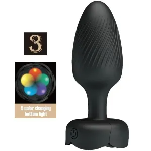 Schwarzes, strukturiertes Sexspielzeug mit 5-farbigem Licht und Ein-/Ausschalter. Zahl 3 und Farbschema daneben.