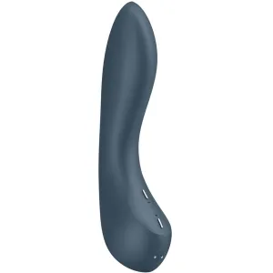 Dunkelblauer, geschwungener Vibrator mit glatter Oberfläche und Bedienelementen an der Seite.