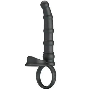 Black, ribbed sex toy with a ring and curved end.