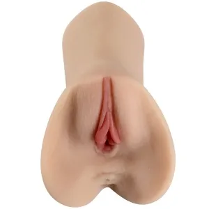 Ein hautfarbener Silikon-Sexspielzeug-Einsatz in Form einer Vulva.