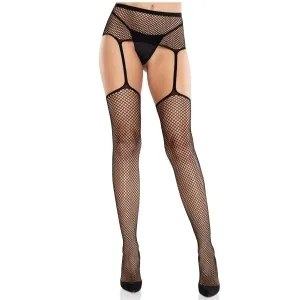 Person wearing black fishnet stockings with garter belt and black high heels.