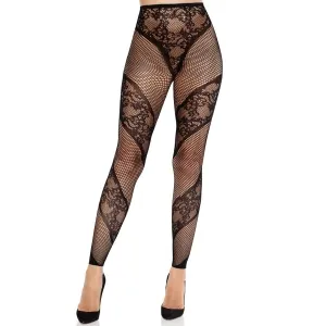 Schwarze Netzstrumpfhose mit floralen Mustern, getragen mit schwarzen High Heels.