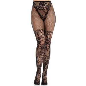 Schwarze Netzstrumpfhose mit floralen Spitzenmustern, die bis zur Taille reicht.