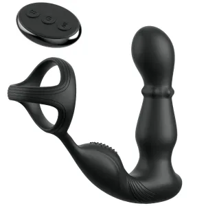 Schwarzes, ergonomisches Sexspielzeug mit Fernbedienung, bestehend aus einem Ring und einem strukturierten, gebogenen Schaft.