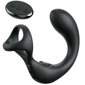 Schwarzes, ergonomisches Sexspielzeug mit Fernbedienung, bestehend aus einem Ring und einem gebogenen Teil.