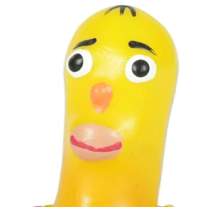 Yellow rubber chicken with large eyes and a surprised facial expression.