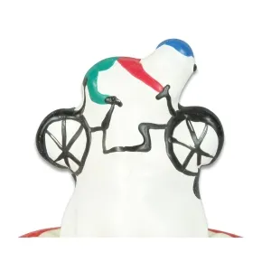 White figure with an abstract bicycle motif in black, red, green and blue.