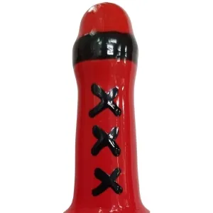 Red bottle with a black stripe and three black X signs in the middle.